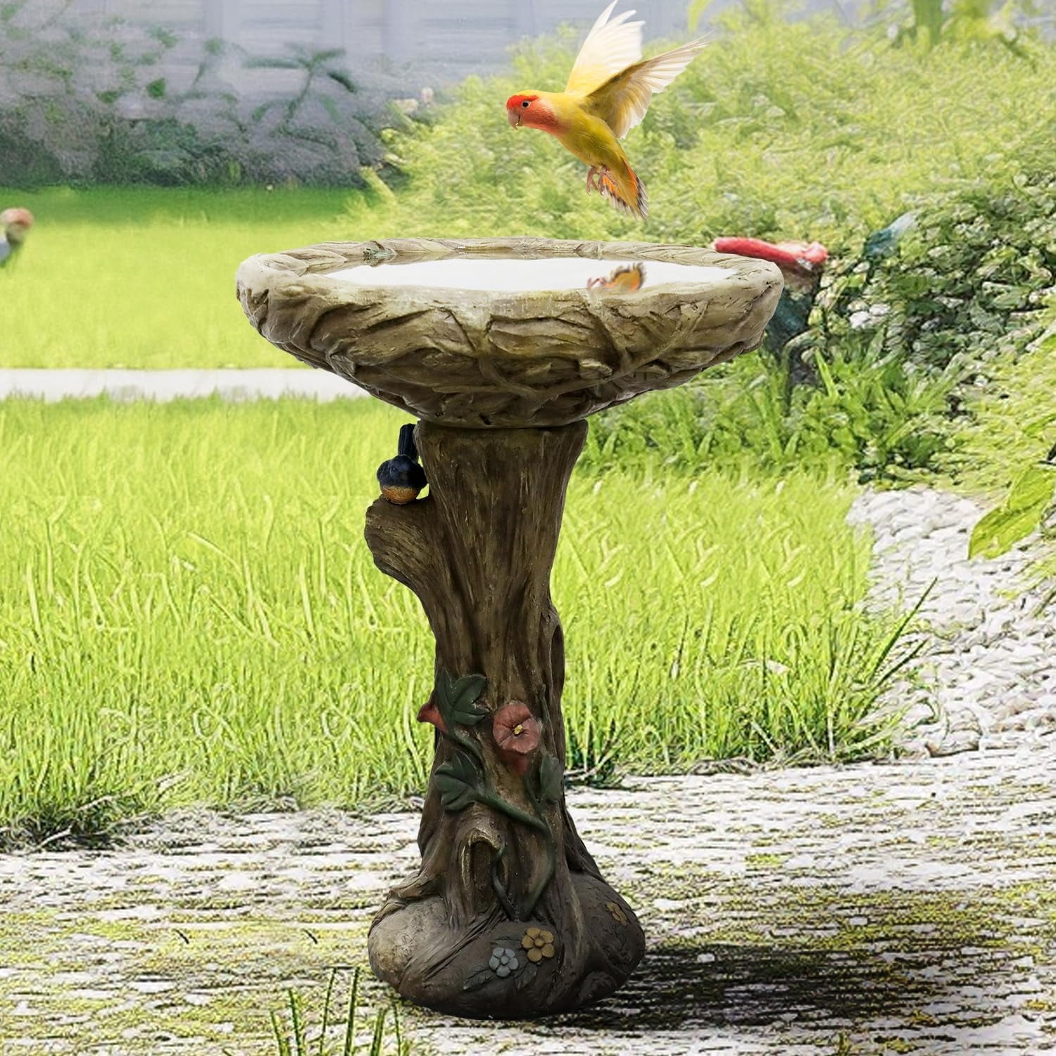 25.5” H Concrete Birdbaths for Outdoors -Large Woodland Tree Trunk Yard Statue Decoration，Vintage Birdbath with Bird Figurines Yard Statue for Garden, Patio, Lawn, Backyard