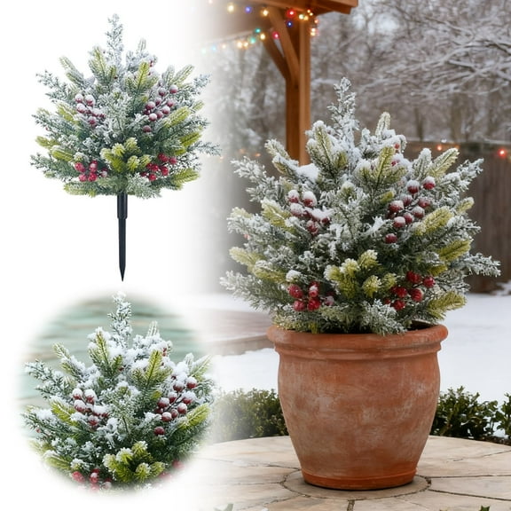 25.5 Inch Artificial Cedar Christmas Tree with Ground Spike, Outdoor Faux Pine Tree with Flocked Snow Red Berries, Christmas Urn Filler for Front Porch Yard Garden Decor