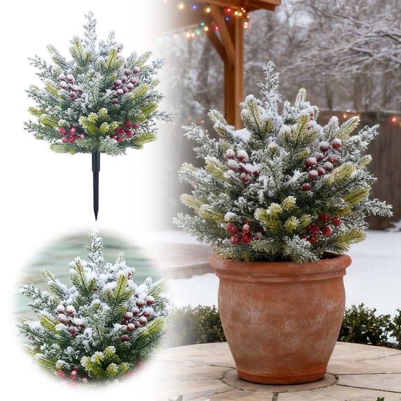 25.5 Inch Artificial Cedar Christmas Tree Outdoor Decor, Faux Evergreen with Ground Spike & Flocked Snow Red Berries, Christmas Urn Filler for Porch Yard Garden Pathway Decorations