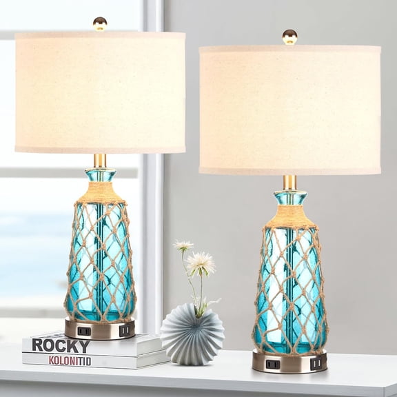25.5 Inch Coastal Glass Table Lamps Set of 2 with 3-Way Dimmable Touch Control USB Ports AC Outlet and LED Bulbs Teal