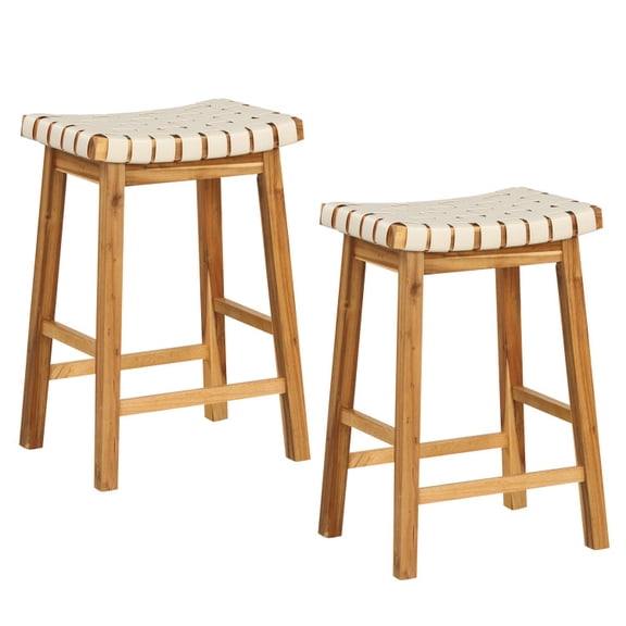 25.5 Inch Faux PU Leather Bar Stools Set of 2 with Woven Curved Seat Natural