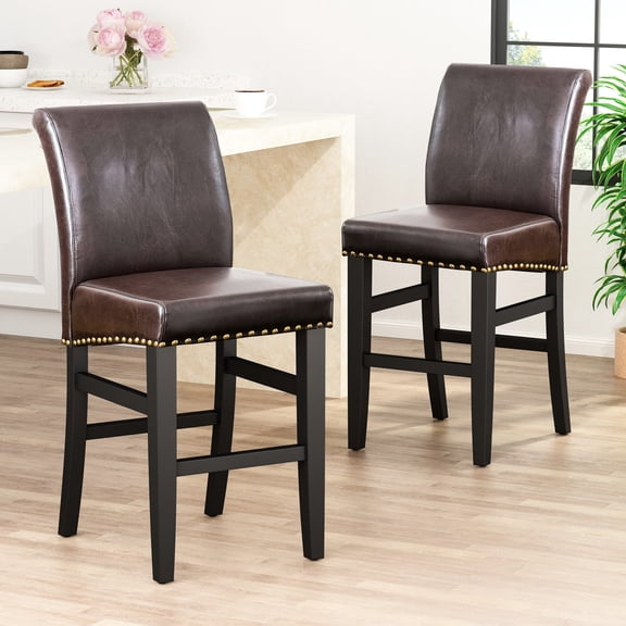 25.5" Leather Upholstered Counter Stools | Supportive for Long - term Socializing with Footrest | Durable Solid Wood Frame and Adjustable Feet | Quick Assembly in 10 Minutes