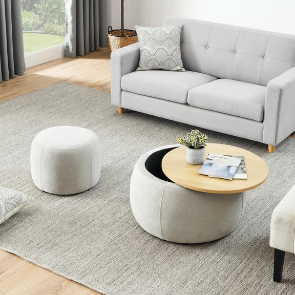 25.5'' Round Coffee Table with Ottoman Stool & Storage Space, Fabric Upholstered End Side Table, No Assembly, Light Gray