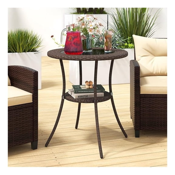25.5" Round Patio Bistro Table w/, PE Wicker Coffee Table w/Tempered Glass Top and Metal Legs, Outdoor Side Table for Garden, Balcony, Porch, Backyard