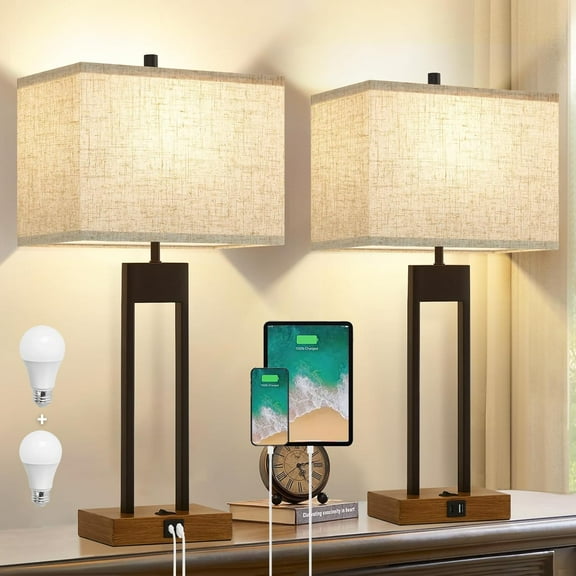 25.5'' Set of 2 Modern Bedroom Table Lamps with USB C+A Ports, Color Changeable, Brown Night Stand Lamps for Bedside, Guest Room, Office, Reading