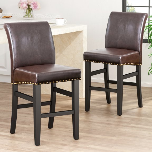 25.5'' Upholstered Counter Stool Pair - Brown Leather, Solid Wood Construction, Comfortable Back And Foot Rest Inch Stools Of 2, Frame, Construction With Nailhead Trim
