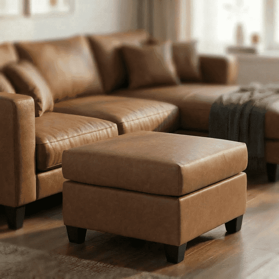 25.5'' Vegan Leather Square Ottoman with Storage Function - Brown