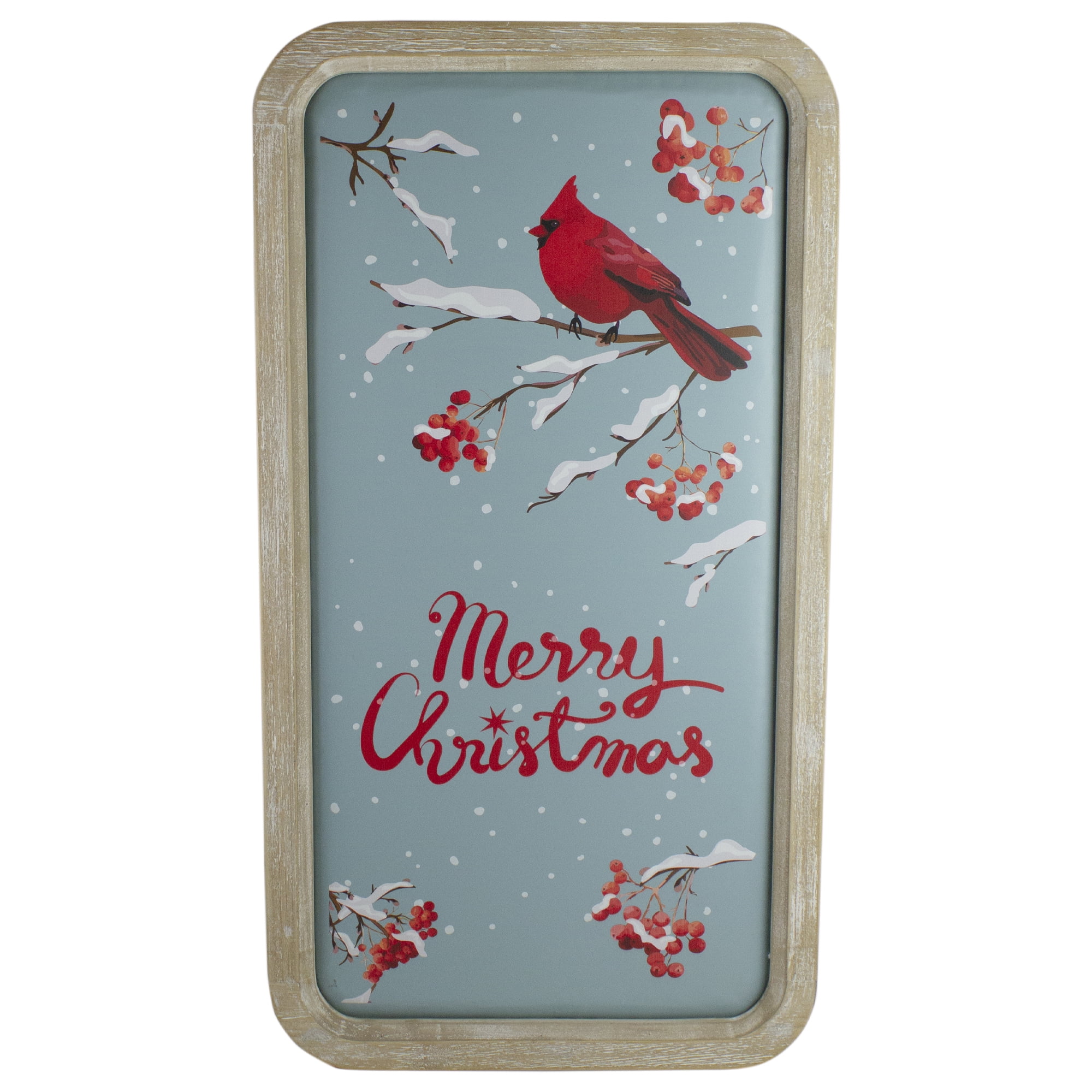 Northlight 25.5" Wood Framed Blue and Red Merry Christmas Wall Decor with Red Cardinal