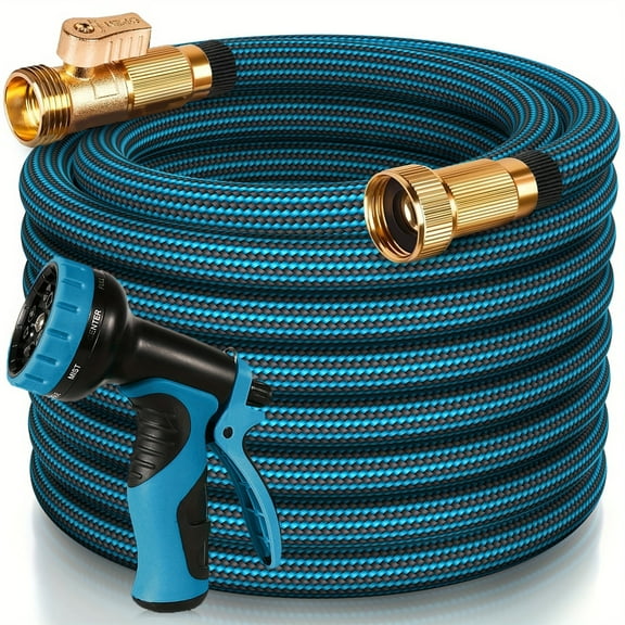 25/50/75/100ft Heavy-Duty Rubber Garden Hose - 3/4" Diameter, 10-Function High-Pressure Spray Nozzle, US Standard Threads, Lightweight Non-Expandable with Ergonomic Handle for Yard/Lawn/Car Wash