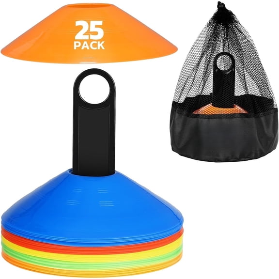 25/50 Pack Sports Cones with Mesh Bag & Stand, for Football, Basketball, Running & Indoor/Outdoor Training