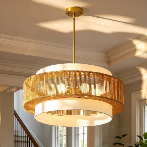 25.59'' Boho Rattan Chandelier, 6 Light Farmhouse Drum Pendant Light with Rope Lampshade, Large Boho Pendant Light for Dining Room Bedroom Living Room