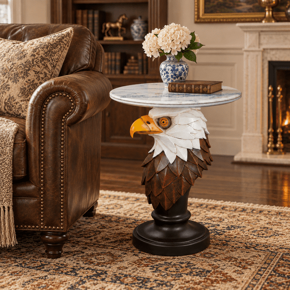 25.59" Eagle Head Accent Table with Faux Marble Top, Brown & Antique White Resin