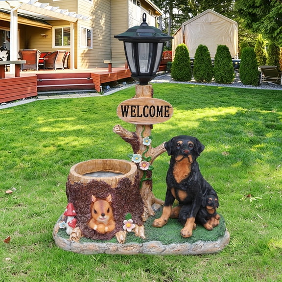 25.59" H Solar Rottweiler Planter with Welcome Sign & Lantern,Resin Dog Flower Pot,Shatterproof Fade Resistant Outdoor Garden Statue for Yard Patio Lawn Decor,Brown+Black
