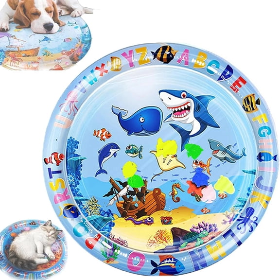 25.59" Thickened PVC Pet Cooling Water Play Mat, Scratch Resistant Inflatable Water Bed for Dogs Cats, Summer Cool Water Sensory Mat with Hand Air Pump, Ocean Animal Pattern