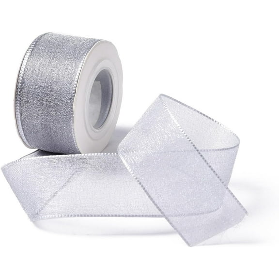 25.5mm Wired Satin Ribbon Double-Sided Polyester Frayed Edge Ribbon for Wedding Decor Bridal Bouquets Gift Wrapping Invitations Crafts DIY Holiday Party Decoration Solid Color Silver