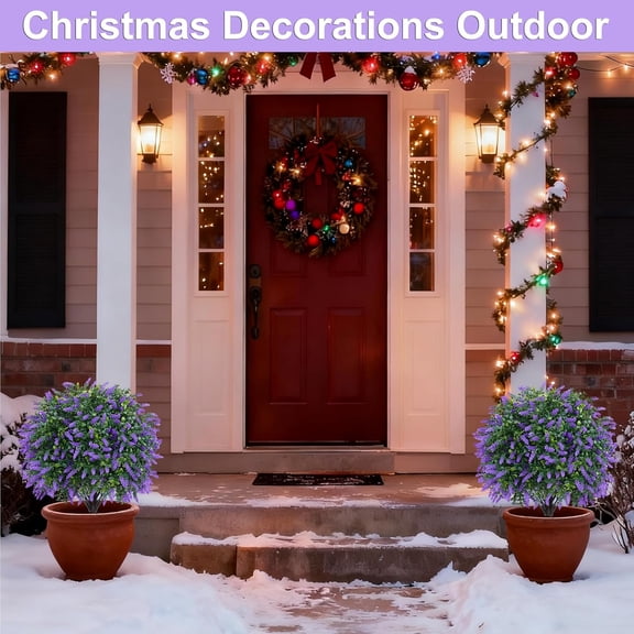 25.6" Artificial Topiary Ball Trees with Lavender, 2 Pack Artificial Shrubs Bushes with Ground Spike, Fake Plants for Outdoor Front Porch Decor  Resistant