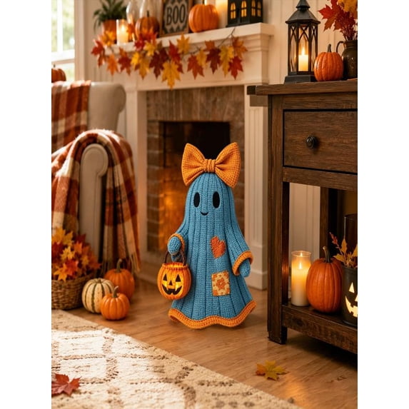 25.6" Halloween Patchwork Ghost Figurine with Pumpkin - Cute Vintage Fall Tabletop Decor, Indoor Autumn Fall Statue for Home Room, Blue, 1-Pack