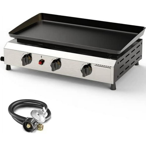 25.6 Inch 3 Burner BBQ Gas Grill Griddle, Stainless Steel Portable Detachable 30,000 BTU Table Top Propane Barbecue Grill for Camping or Tailgating (Only Griddle)