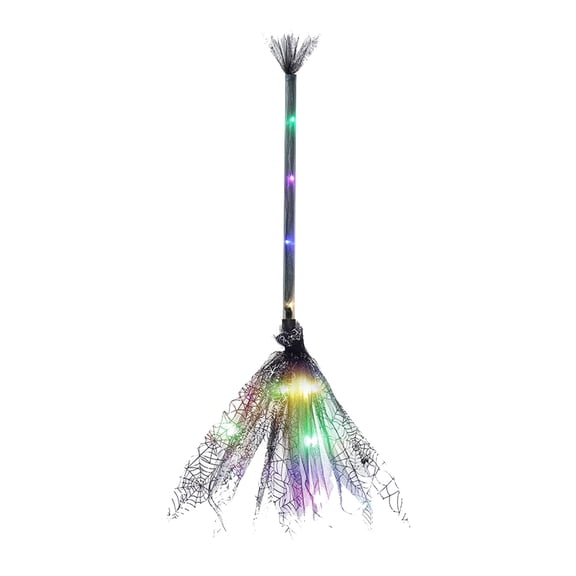 25.6 Inch Lighted Halloween Witch Broom with LED Lights Glowing Spider Web Gauze Plastic Broomstick Wizard Flying Stick Cosplay Props Dress up Party Supplies Decorations