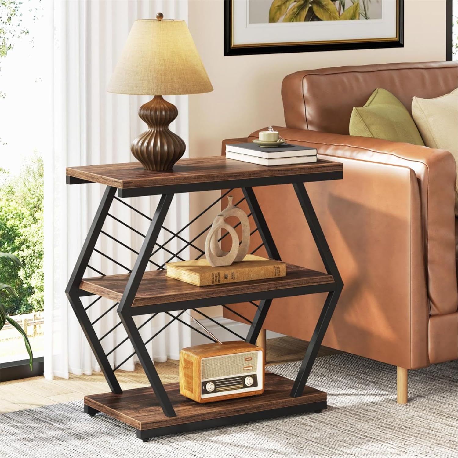 25.6" Industrial 3-Tier End Table, Wood and Metal Side Table with ...