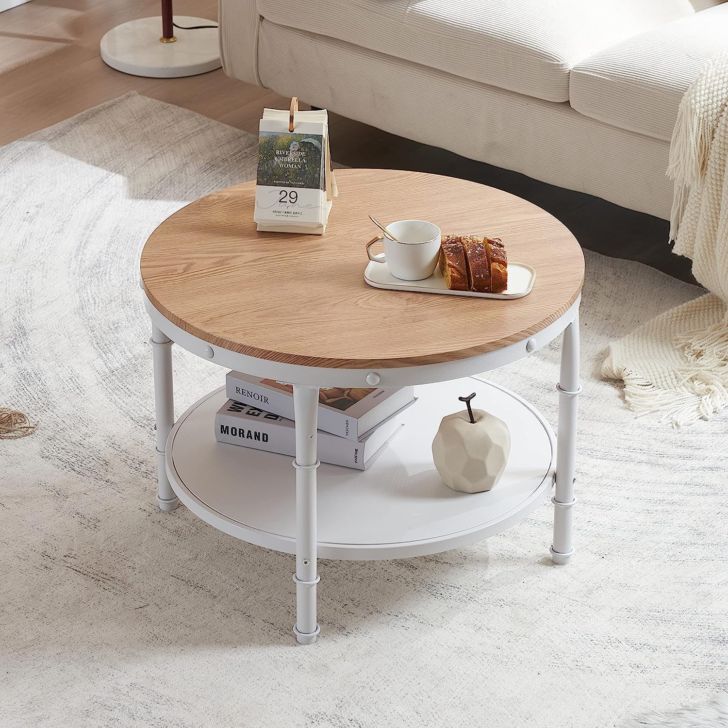 25.6" Natural White Round Farmhouse Coffee Table, 2-Tier Storage Wood ...