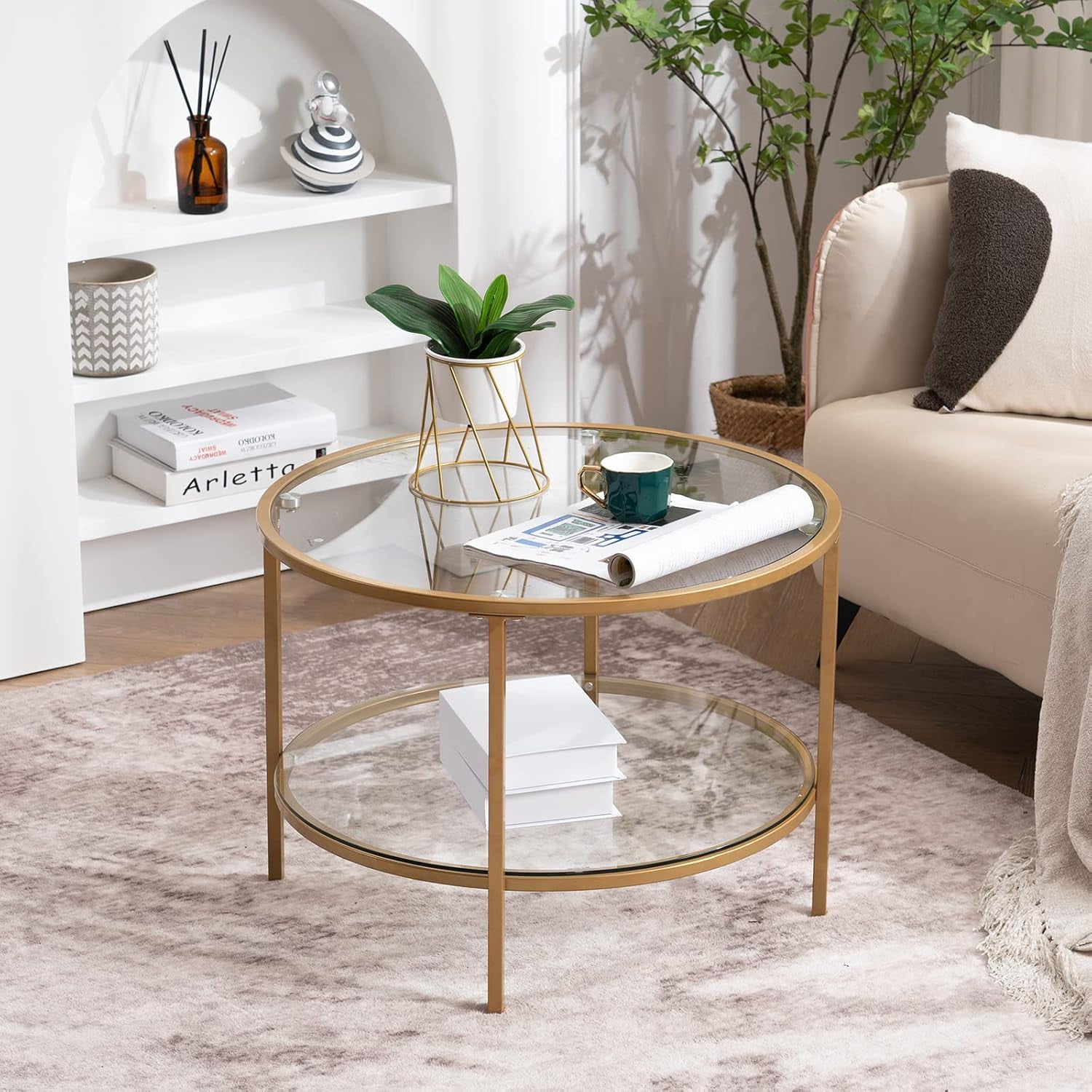 25.6" Round Clear Glass Coffee Table with Gold Frame and Storage