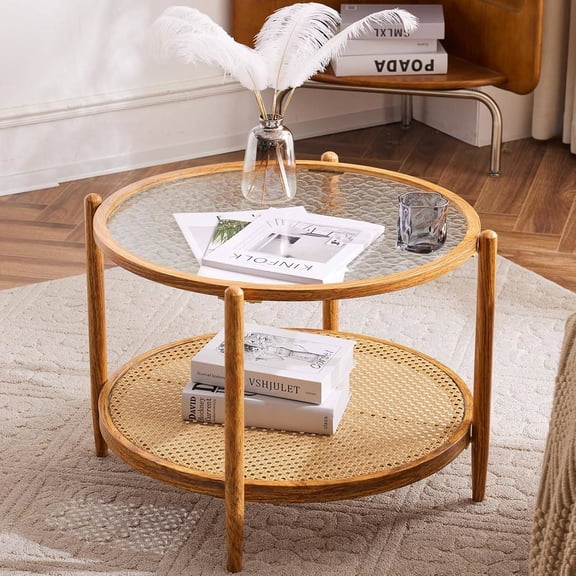 25.6" Round Rattan-Style Coffee Table with Water-Wave Glass Top and 2-Tier Storage, Natural Finish