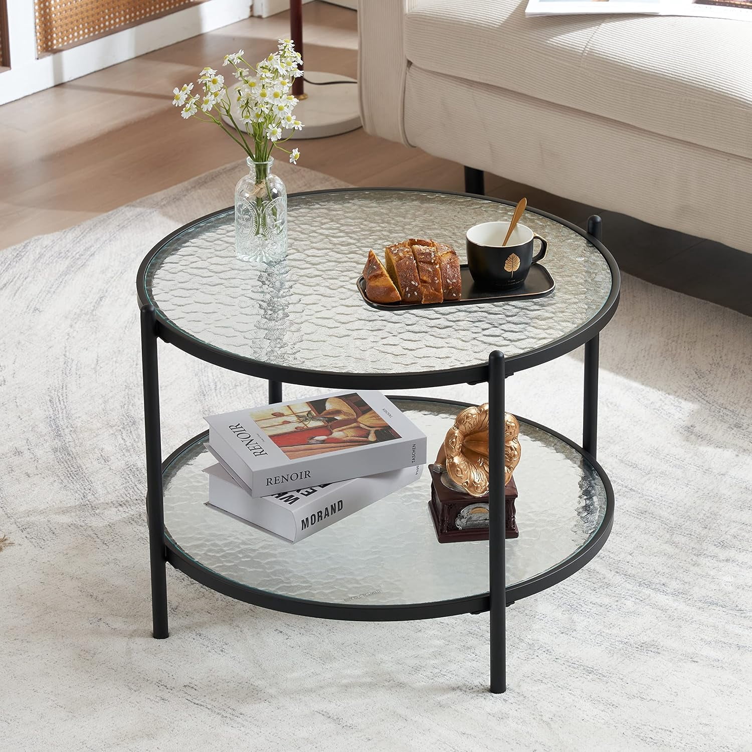 25.6" Small Matte Black Round Coffee Table Water-Wave Glass Circle ...