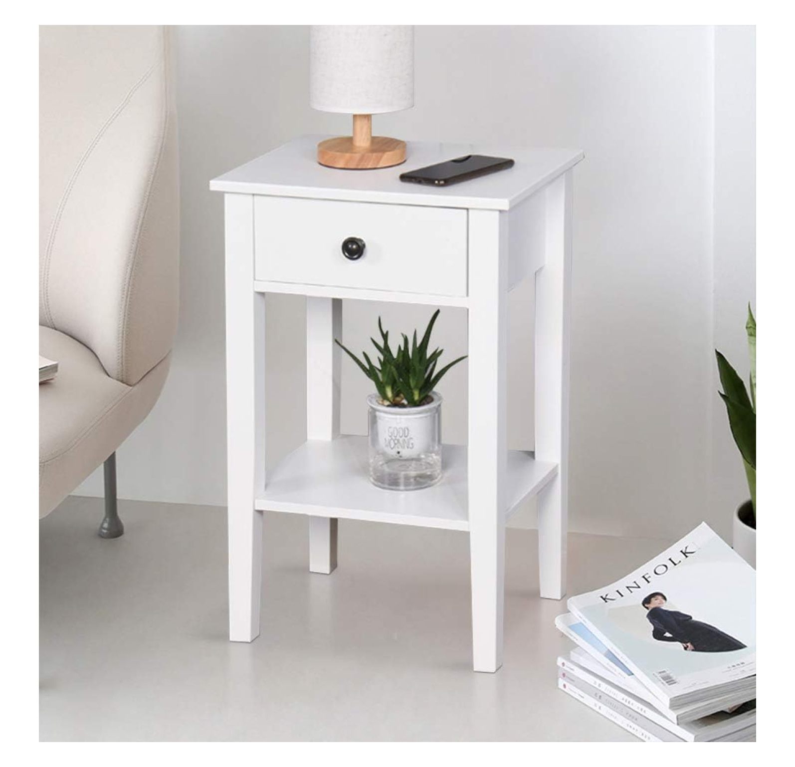 25.6" Tall Bedside Table White Wooden One Drawer Night Stand Chairside