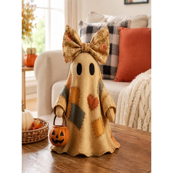 25.6" Vintage Patchwork Ghost Statue with Pumpkin, Cute Halloween Tabletop Figurine, Rustic Fall Autumn Home Decor for Shelf, Mantle & Desk,(1 Pack)