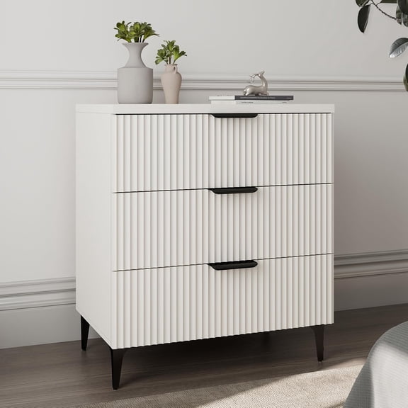 25.6" W Fluted Nightstand with 3 Drawer, Modern Wood Night Stands | Bedside Table for Bedroom King/Queen Bed, End Table with Robot-friendly Legs for Living Room,Entry