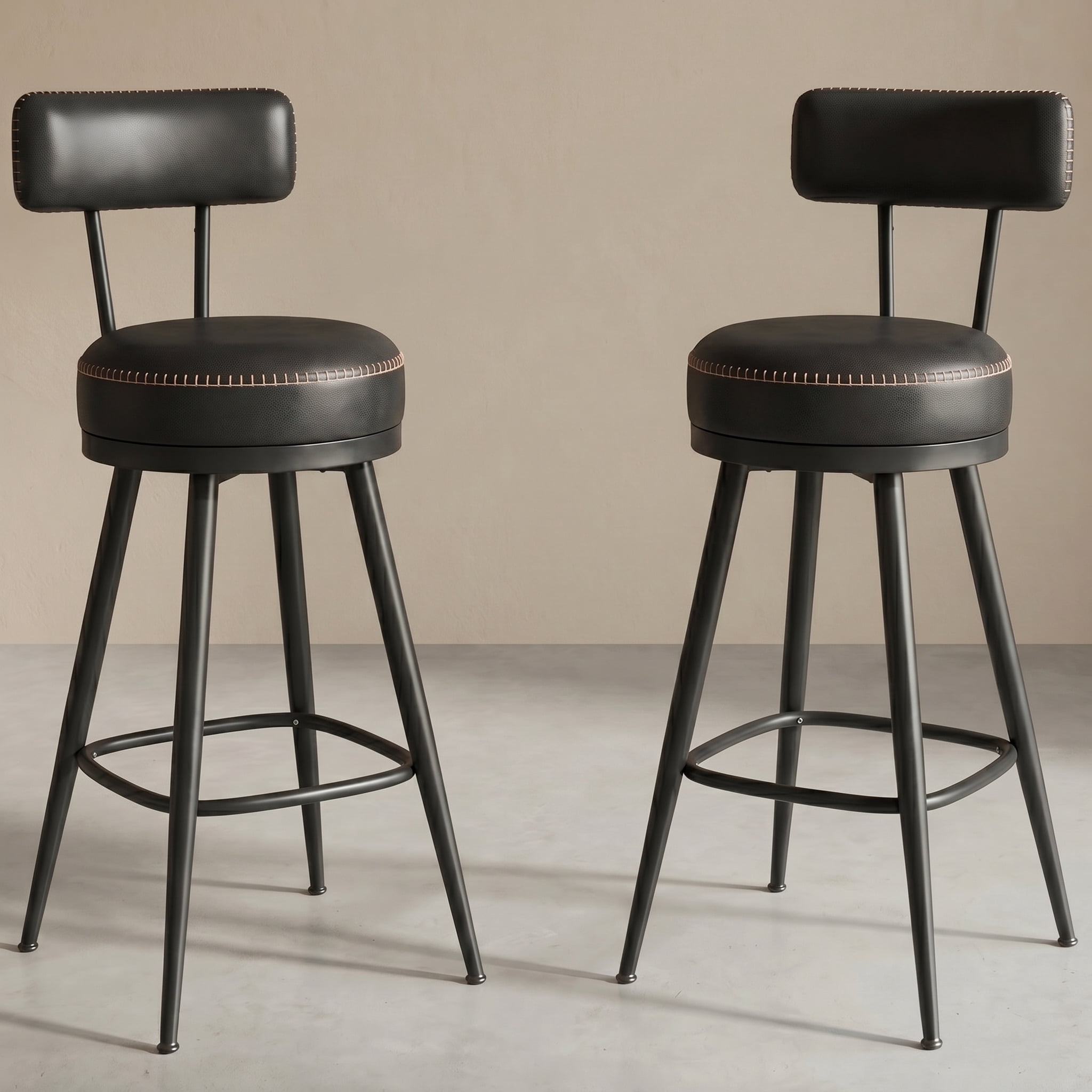 25.6 in. Ink Black Swivel Counter Height Bar Stools with Back and Synthetic Leather (Set of 2)