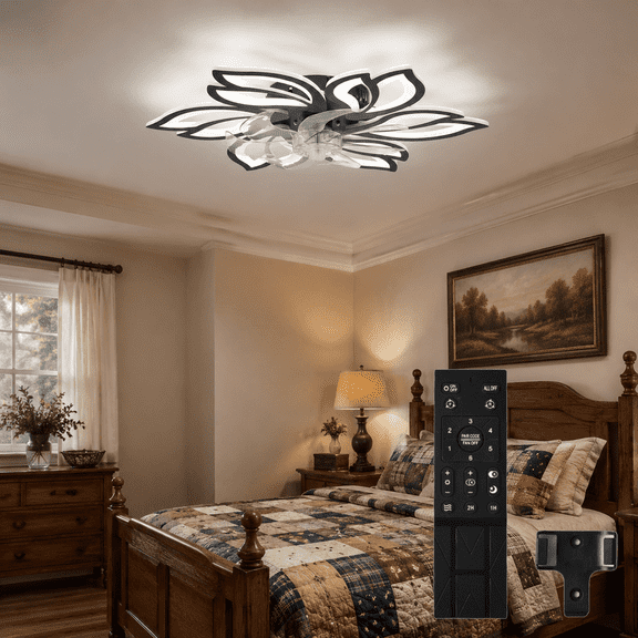 25.6 inch Modern Flower Ceiling Fan with Lights, Flush Mount Dimmable LED Ceiling Fan with Remote Control, Reversible Motor, 6 Speeds & Timer, Ceiling Fan Light for Bedroom, Living Room, Black