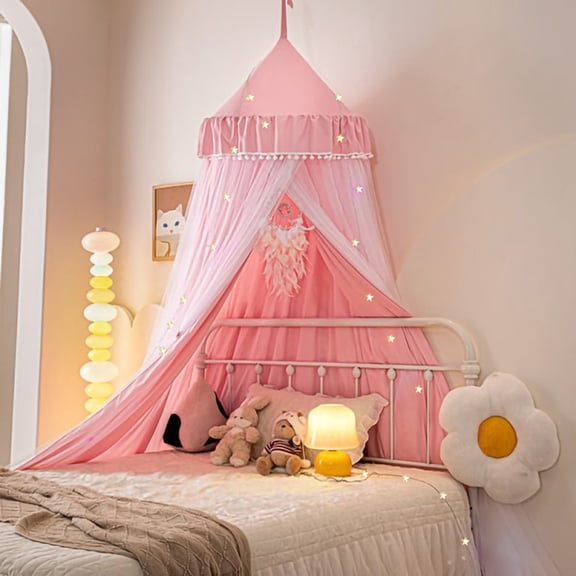 25.6"x106Inch Bed Canopy for Girls with Star Lights, Double Layers Canopy for Bed, Princess Bed Canopy for Girls Bed Room Decor, Breathable Canopy Bed Curtain for Kids Reading Nook, Dome Play Tent