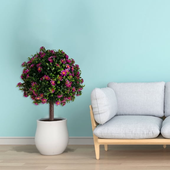 25.6"x17.7" Artificial Topiary Tree with Pink Eucalyptus,UV Resistant Fake Evergreen Tree for Porch, Outdoor Artificial Plants for Planters - Ground Spike