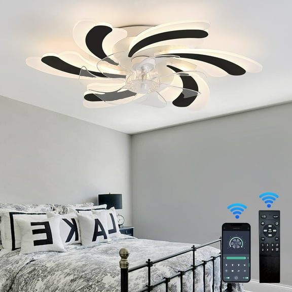 25.6Inch Low Profile Ceiling Fan with Light - Remote & App Control, Quiet Motor, Dimmable LED - Black Flush Mount Hugger Fan for Bedroom, Living Room-Black