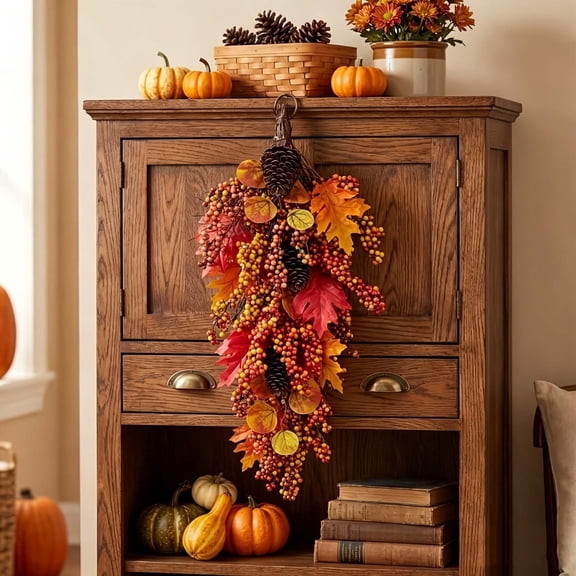 25.6inch Fall Teardrop Swag for Front Door Artificial Pine Cone Berries Wreath with Maple Leaves and Autumn Foliage Hanging Swags Wreath for Thanksgiving Farmhouse Decor