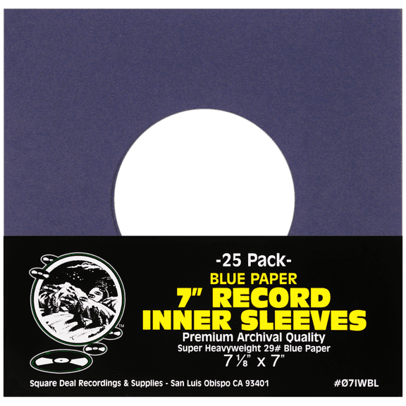 (25) 7" 45rpm Blue Vinyl Record Inner Sleeves - Archival Quality, Super Heavyweight 29# Paper with Hole - 07IWBL