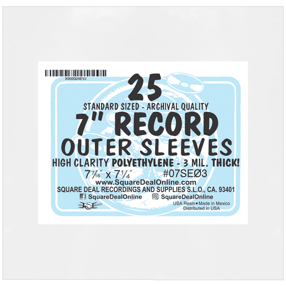 (25) 7" Slim Fit Record Outer Sleeves - 3 Mil Thick Polyethylene - 7 7/16" x 7 1/4" #07SE03