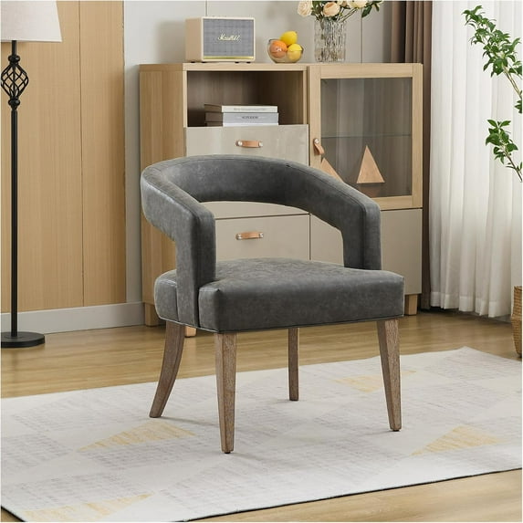 25.79" Wide Modern Barrel Open Back Upholstered Accent Chair with Weathered Solid Wood Legs Dining Chairs for Dining Room, Club, Kitchen and Living Room.Gray PU