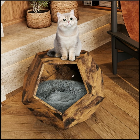 25.98'' Shaped Modern Pet Furniture Cat Kennel Side Table MDF Multi-Purpose Furniture Antique Wood Color