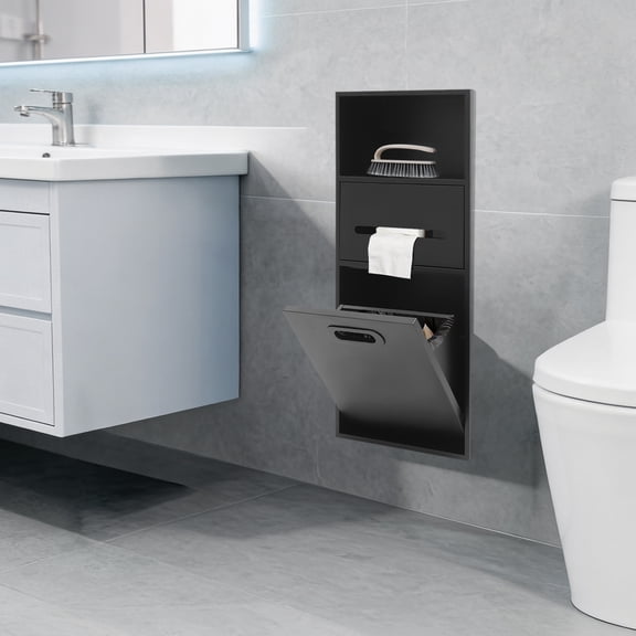 25.98"x5.51"x11.81" Stainless Steel Shower Niche, Built-in Trash Can Alcove & Recessed Toilet Paper Holder, Waterproof Storage Rack for Kitchen Living Room Bedroom Hotel Residential (Black)