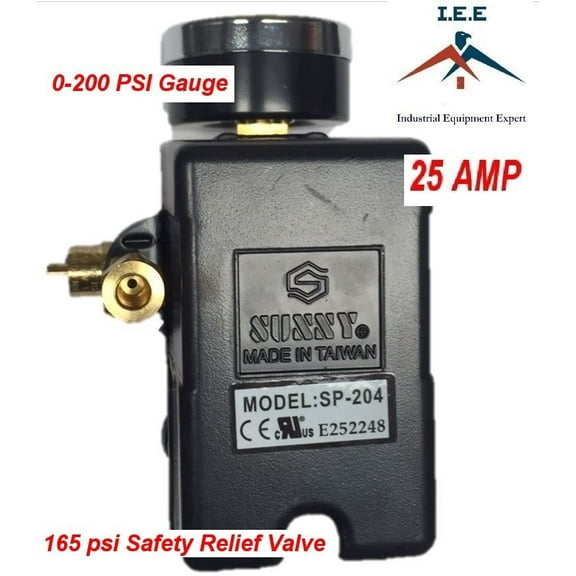 25 AMP Air Compressor Pressure Switch 4 Port 145-175 PSI w/ Gauge pop off valve