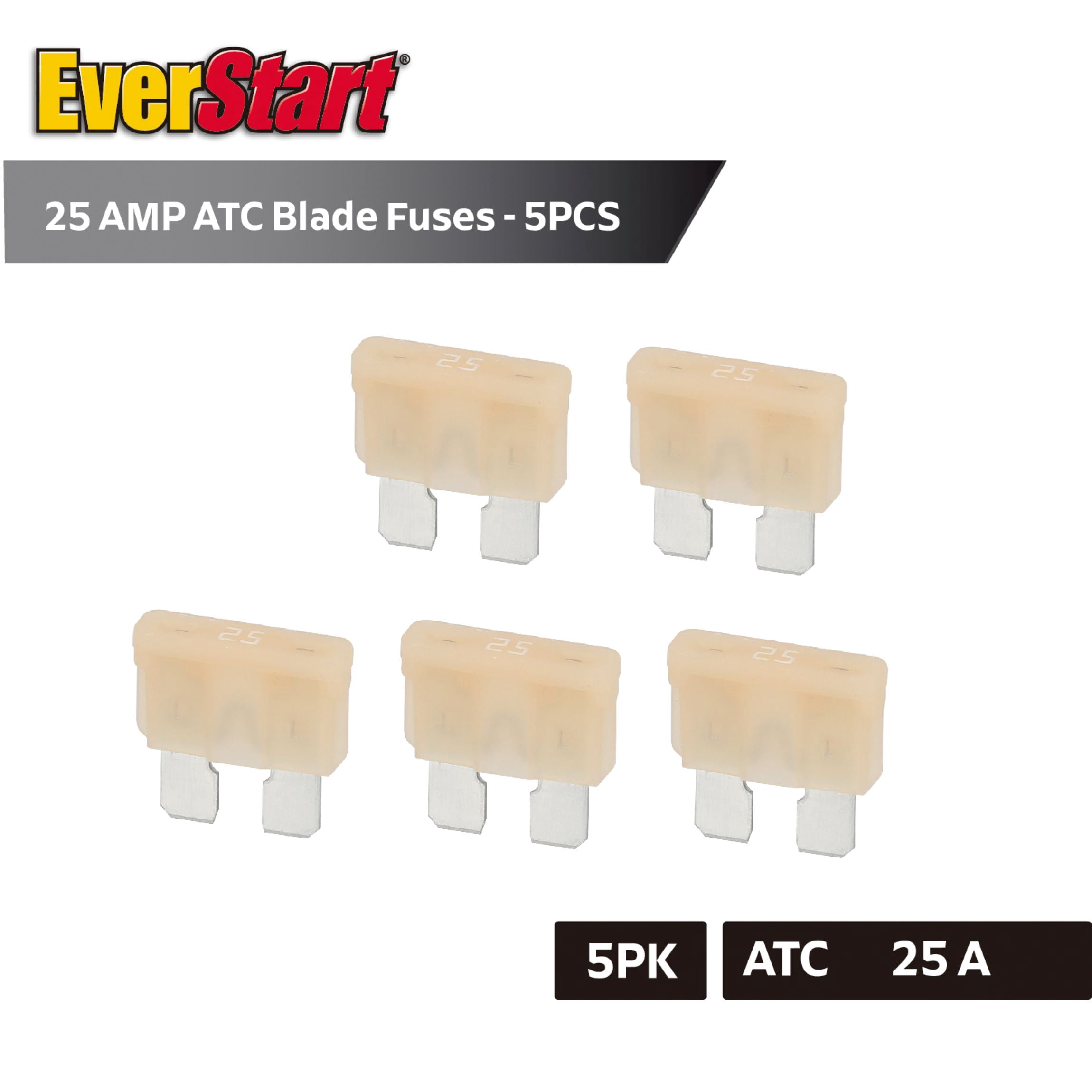 EverStart 25 Amp Automotive ATC Blade Fuses, UL Listed, Auto, Marine, and Electrical Applications, 5 Pack