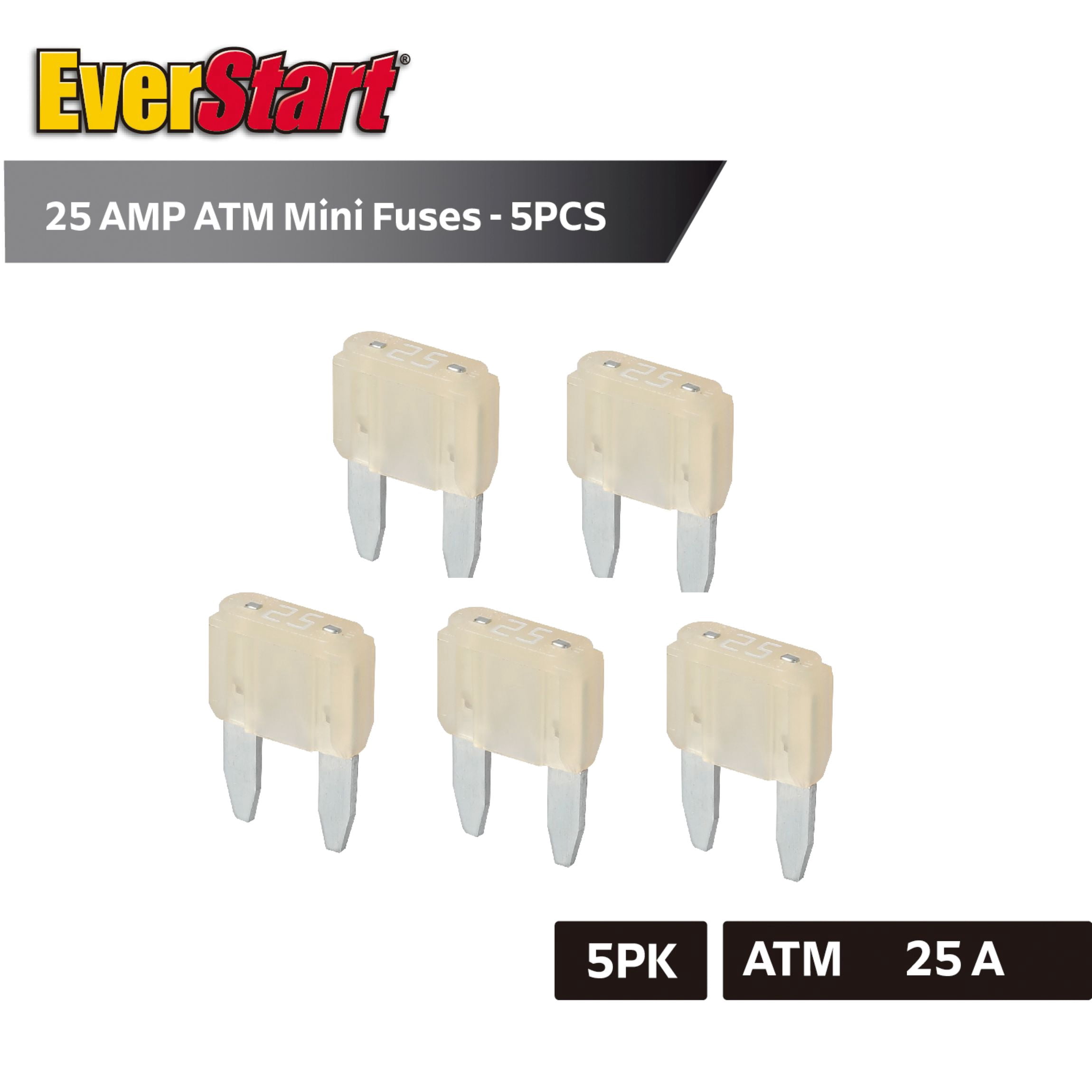 EverStart 25 Amp Mini Blade Fuses, UL Listed, 5 Pack for Auto, Marine, and Electronics