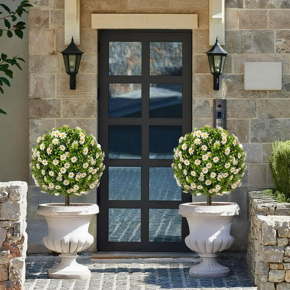 25 Inch Artificial Boxwood Topiary Ball Trees with  Flowers Set of 2  Outdoor  Ground Spike Indoor Outdoor Decor