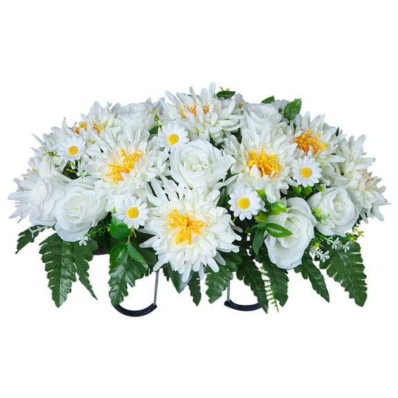 25" Artificial Cemetery Flowers - Realistic Chrysanthemum & Rose Headstone Saddle, Grave Decoration for Outdoor Memorials Easy to Install