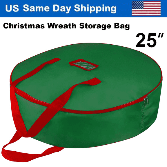 25" Artificial Christmas Wreath Storage Bag with Handles & Dual Zipper Holiday Xmas Durable Material Storage Container - Green