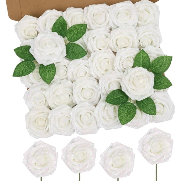 25 Artificial Glitter Roses with Simulated Stems, White Foam Roses, Wedding Bouquet Centerpiece, Party Wreath, Family Easter, Spring, Mother's Day Decoration