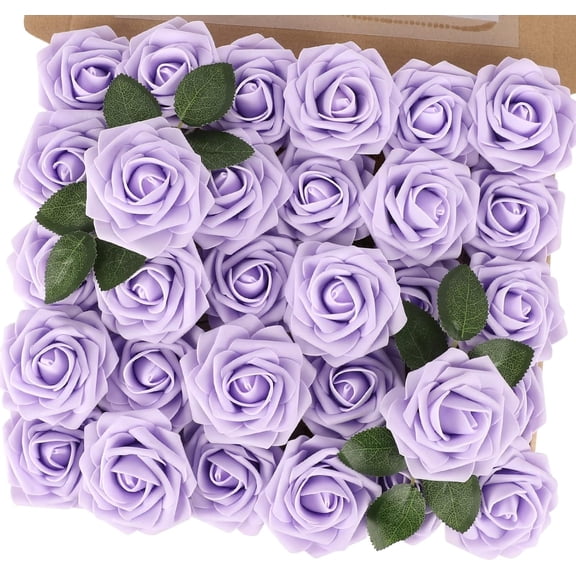 25 Artificial Lavender Flowers - Realistic Touch, Soft Foam Roses with Stems, DIY Wedding Bouquets, Table Center Decorations, Party Decorations, Summer Home Decor